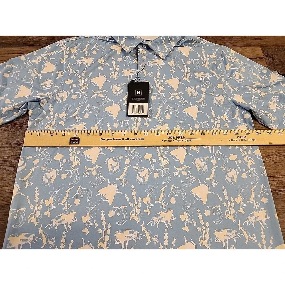 Waggle Buzzin Polo Shirt Mens Medium Blue Bee Floral Print Performance Stretch - Picture 4 of 4